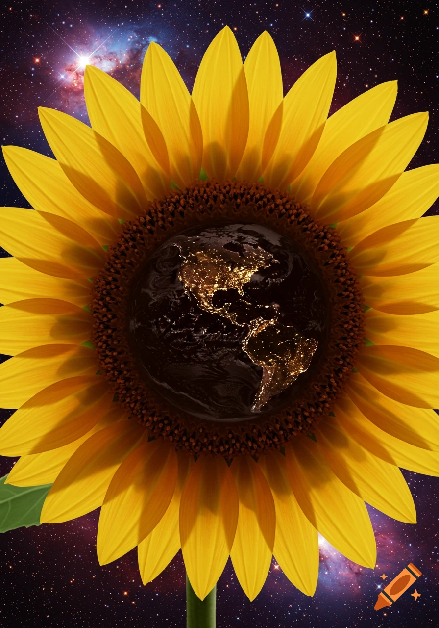 The Earth with city lights sits in the center of a giant sunflower against a starry space background.