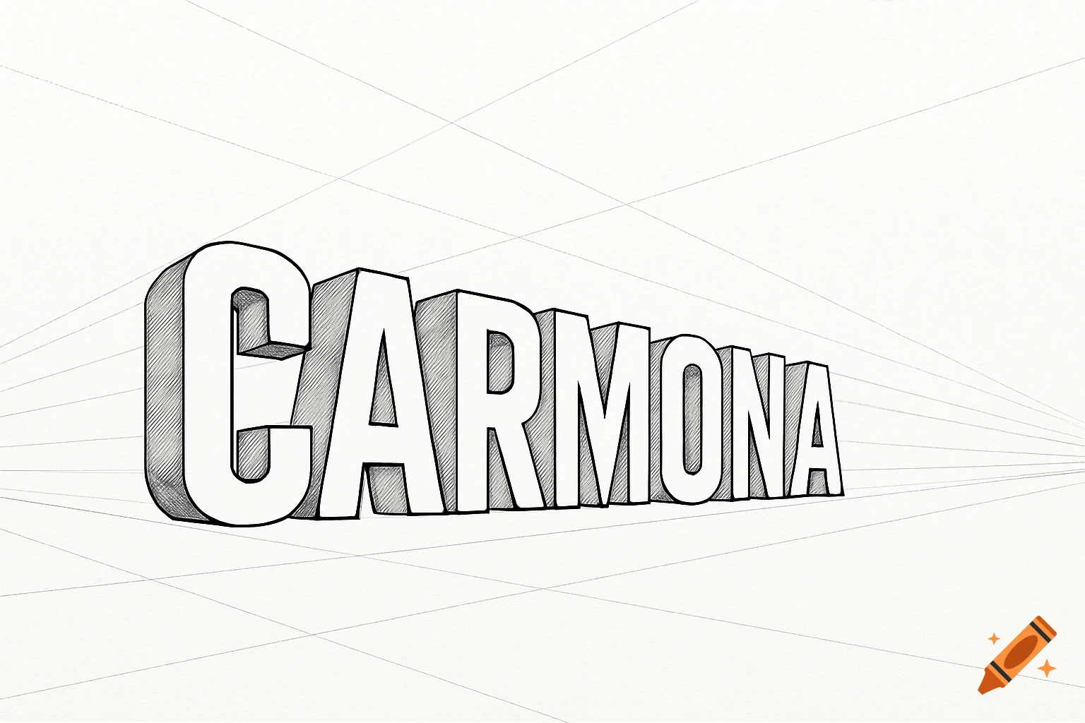 3D text 'CARMONA' in two-point perspective sketch style
