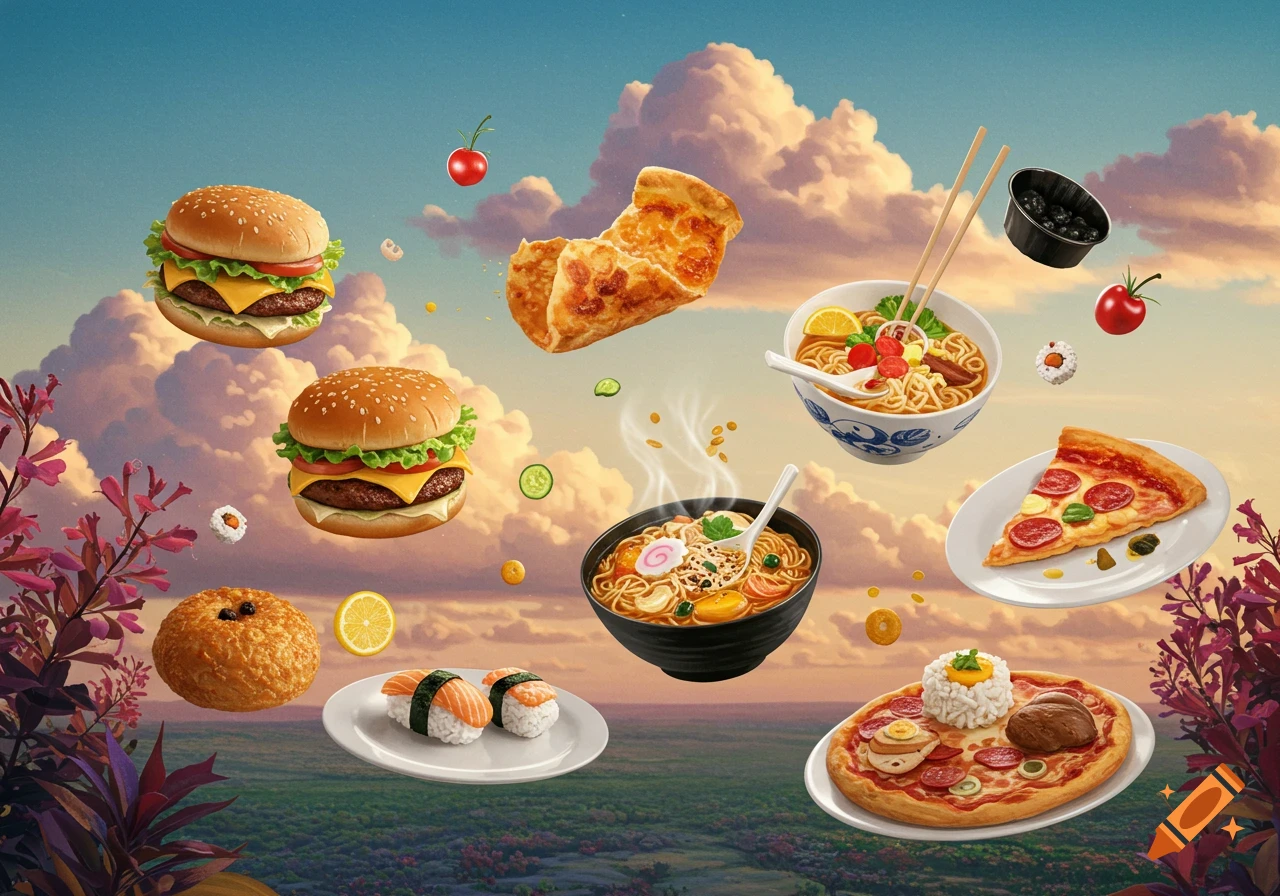 Various meals, including burgers, pizza, ramen, and sushi, floating in a cloudy sky.