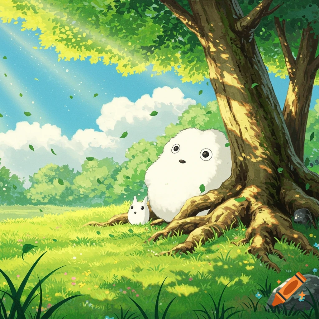 Two fluffy white creatures under a large tree in a sunny field in Ghibli style.