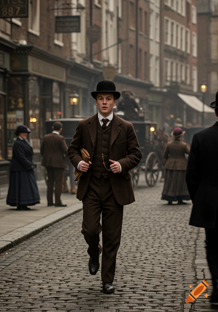 A young man in a brown suit and bowler hat walks on a cobblestone street in historical London.