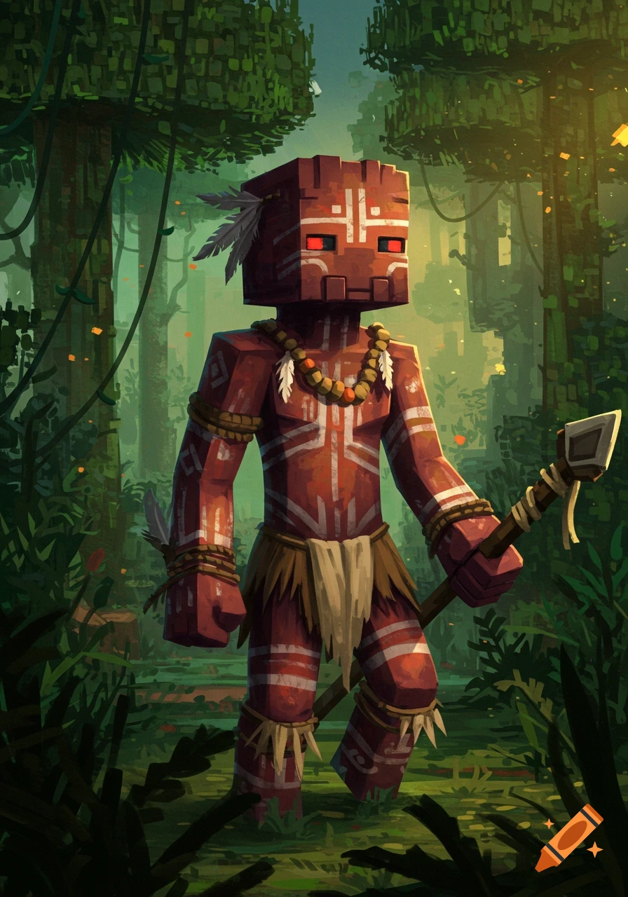 A blocky tribal character with markings and a spear is shown in a jungle.