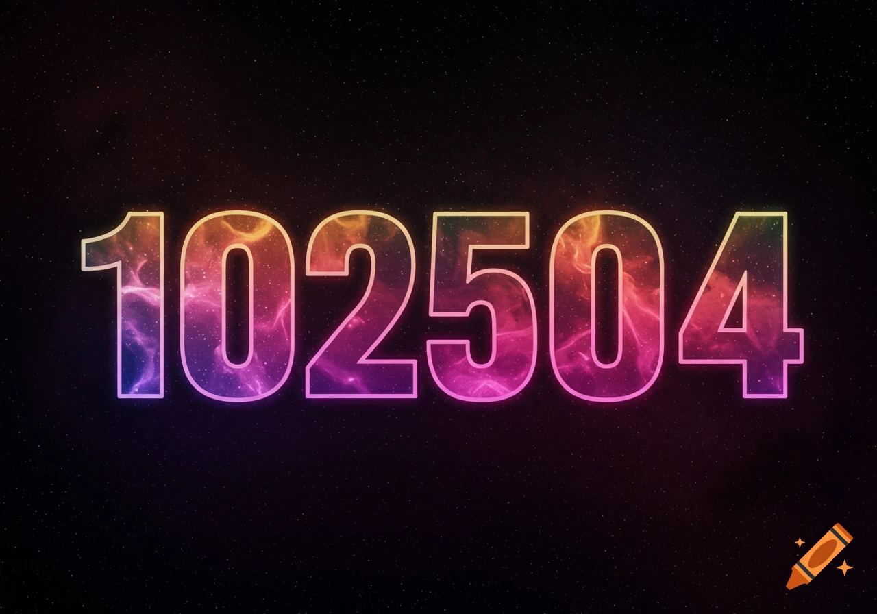 The number 102504 with a colorful glow outline against a starry space background.
