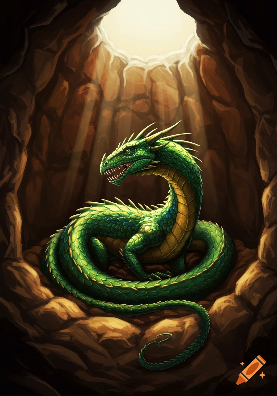 A green and yellow dragon is coiled in a rocky cave illuminated by light from above.