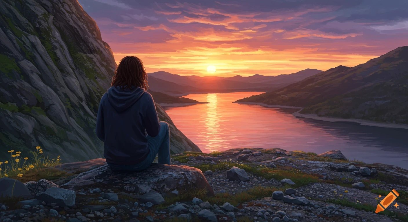 A person sits on a mountain edge, watching the sunset over a lake.