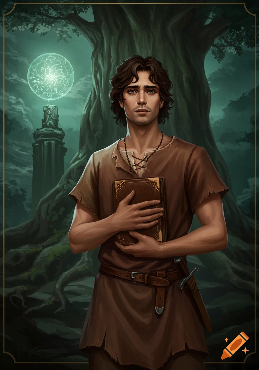 A young man in a brown tunic holds a book in a fantasy forest with a glowing orb and ruins.