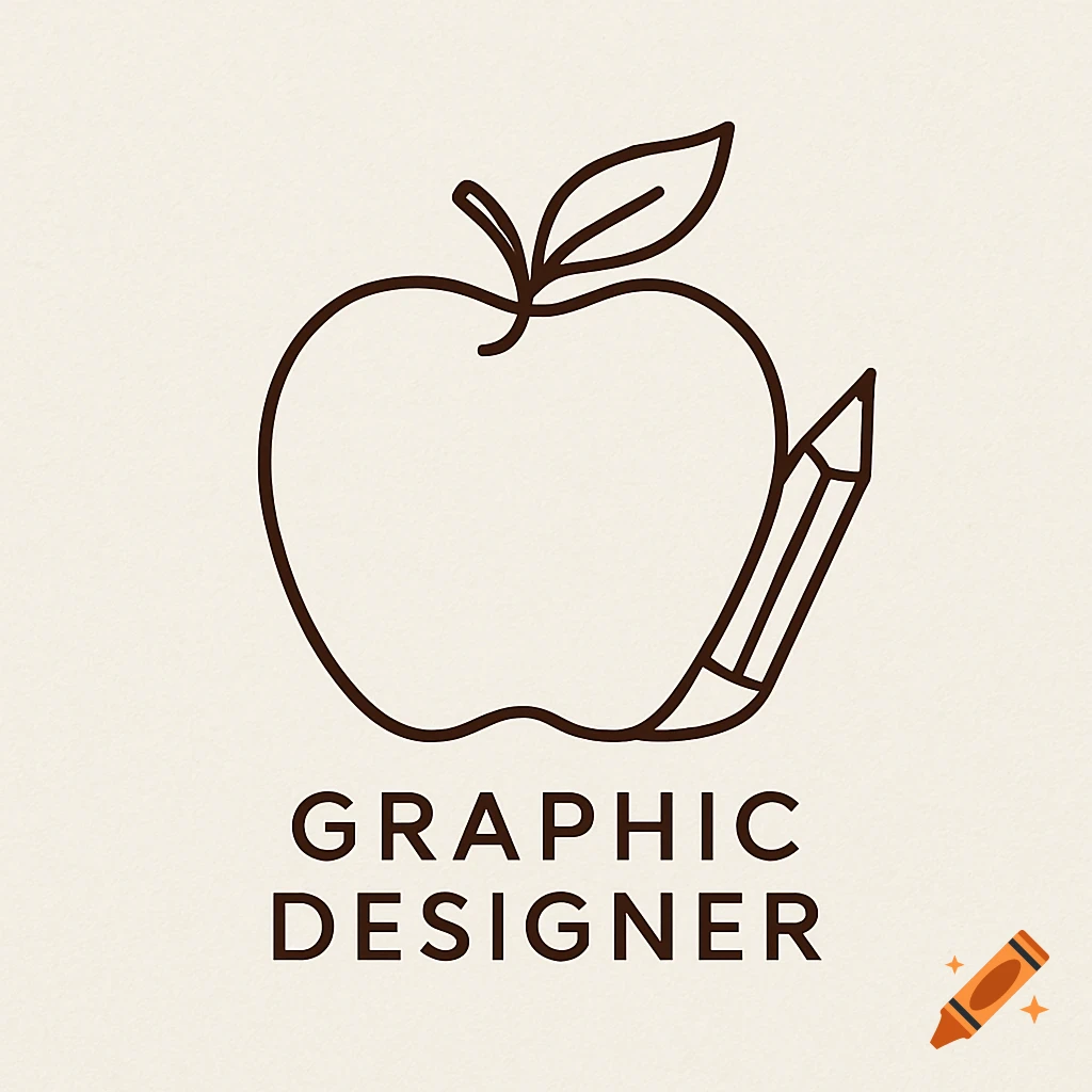 Minimalist line art logo featuring an apple intertwined with a pencil and the text "GRAPHIC DESIGNER" below.