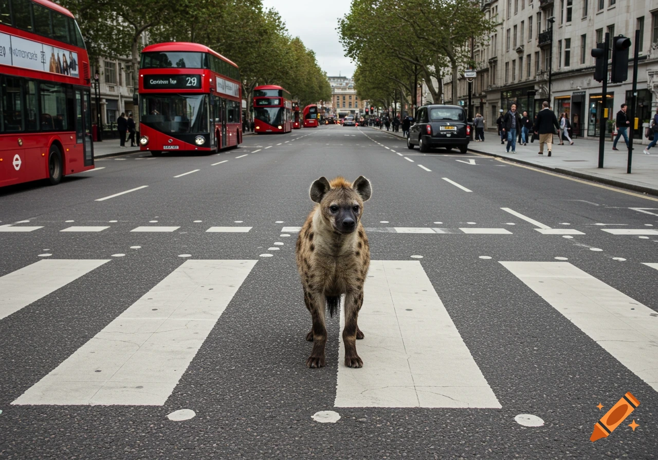 A hyena stands on a zebra crossing in a London street with red buses and a black taxi.