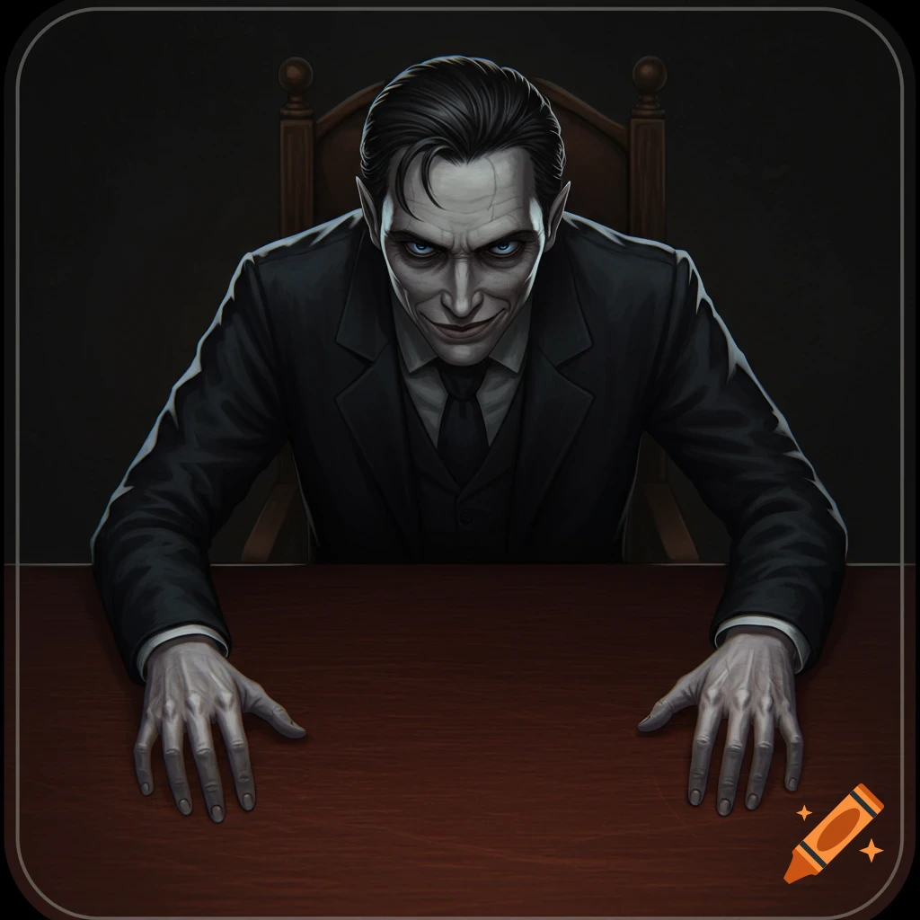 Illustration of a pale, sinister man in a suit leaning on a table.