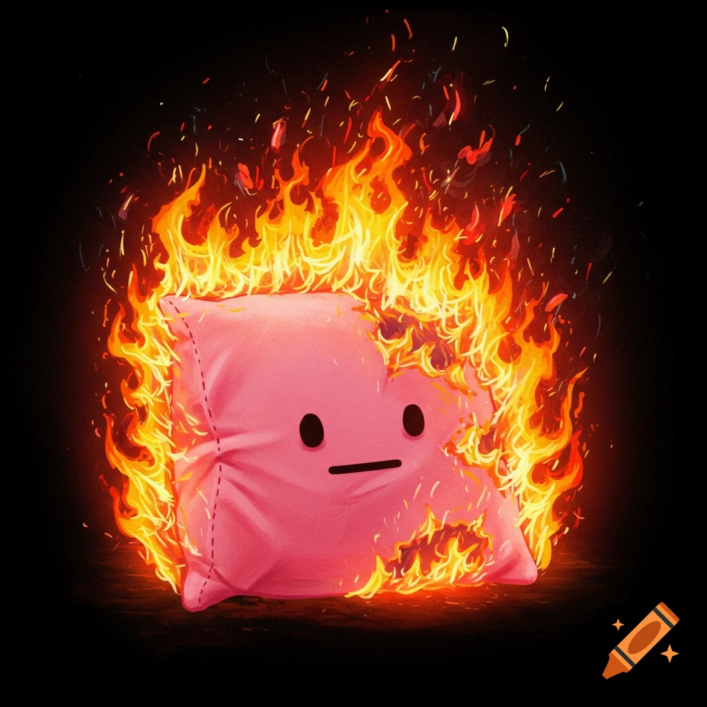 A pink cartoon pillow character is engulfed in flames on a black background.