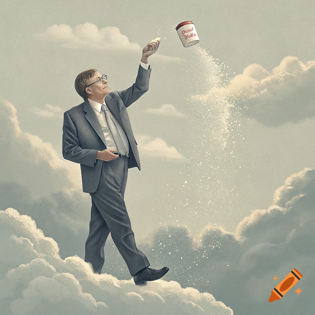 Illustration of a man resembling Bill Gates standing on clouds and sprinkling white powder.