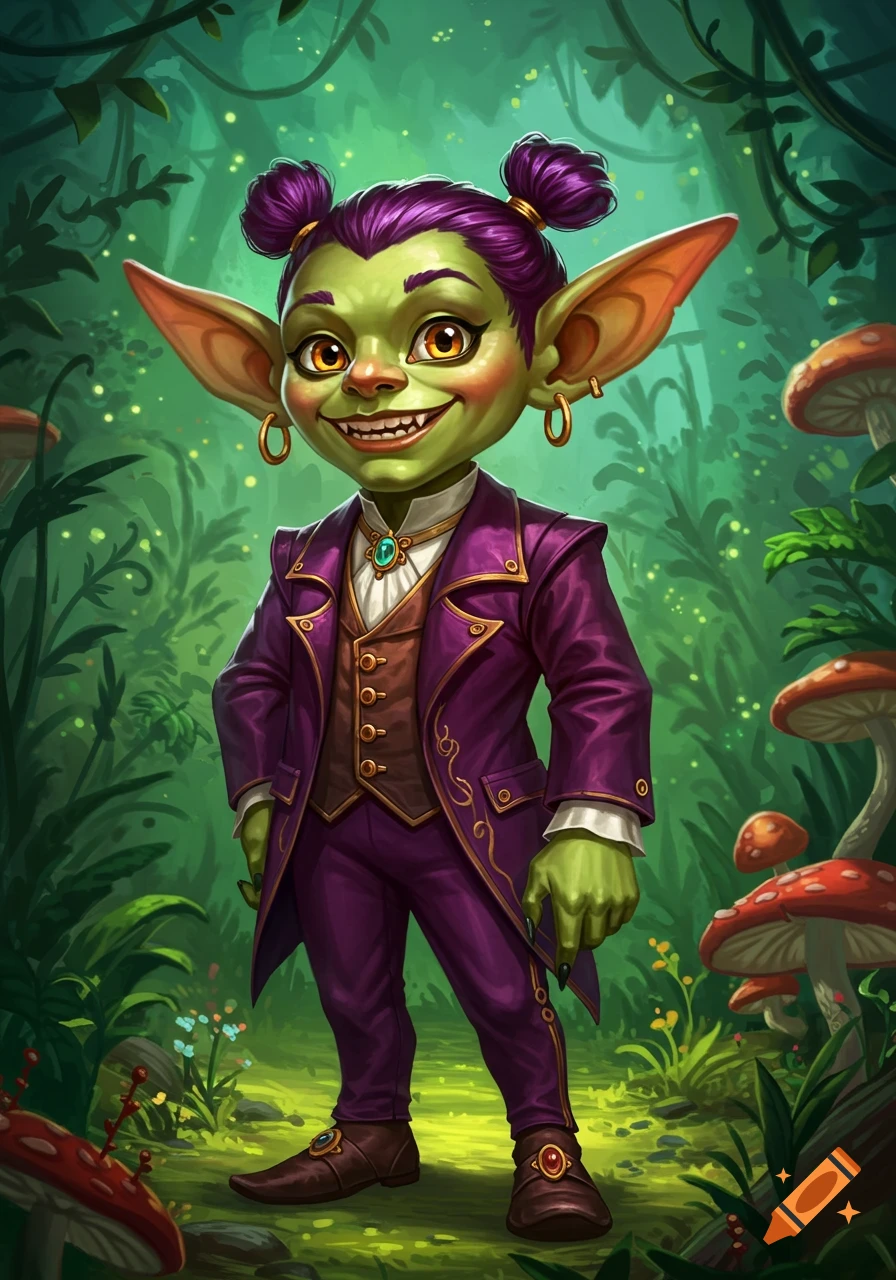 A cartoon illustration of a green goblin in a purple suit standing in a forest.