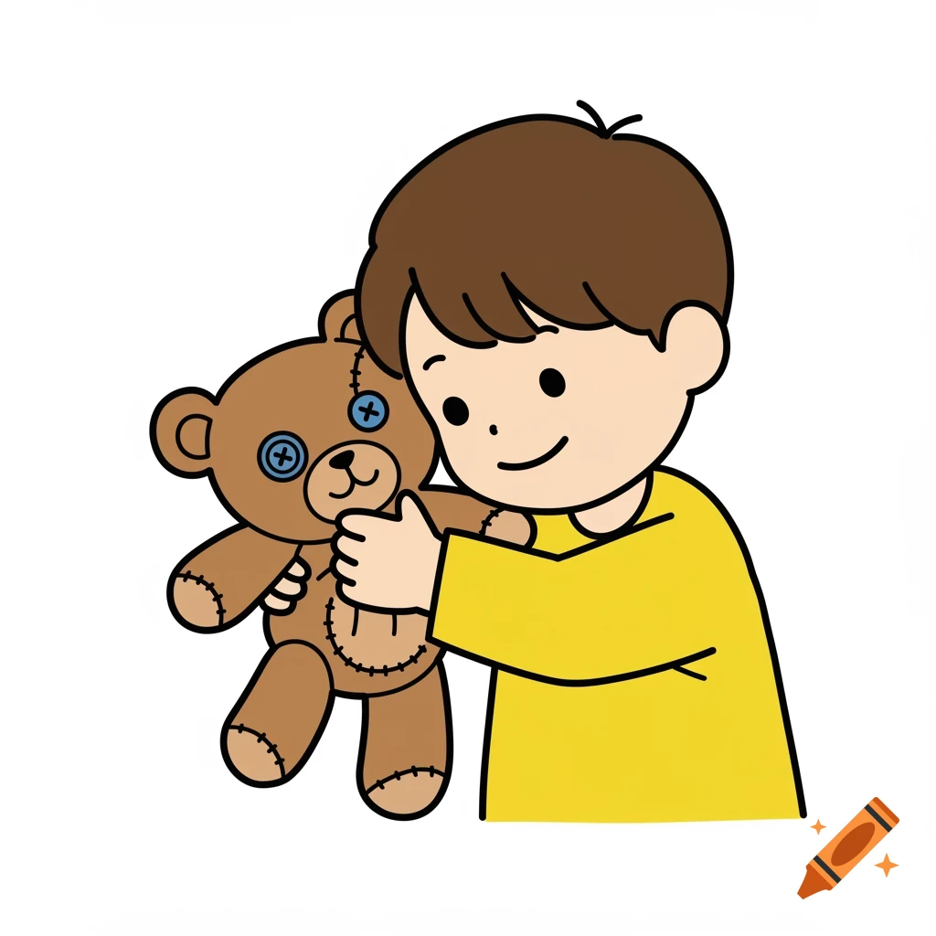 A simple illustration of a boy hugging a teddy bear.
