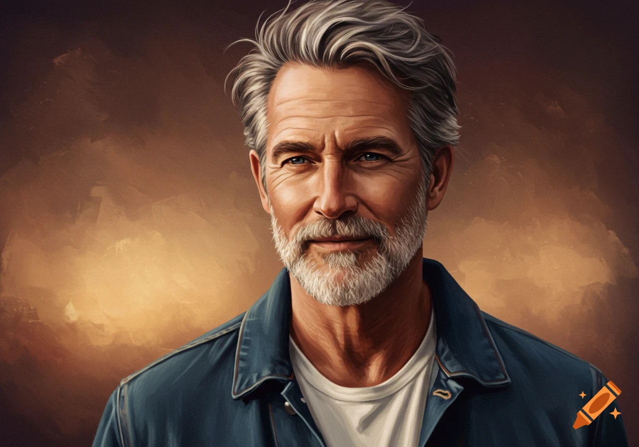 An older man with gray hair and beard wearing a blue jacket