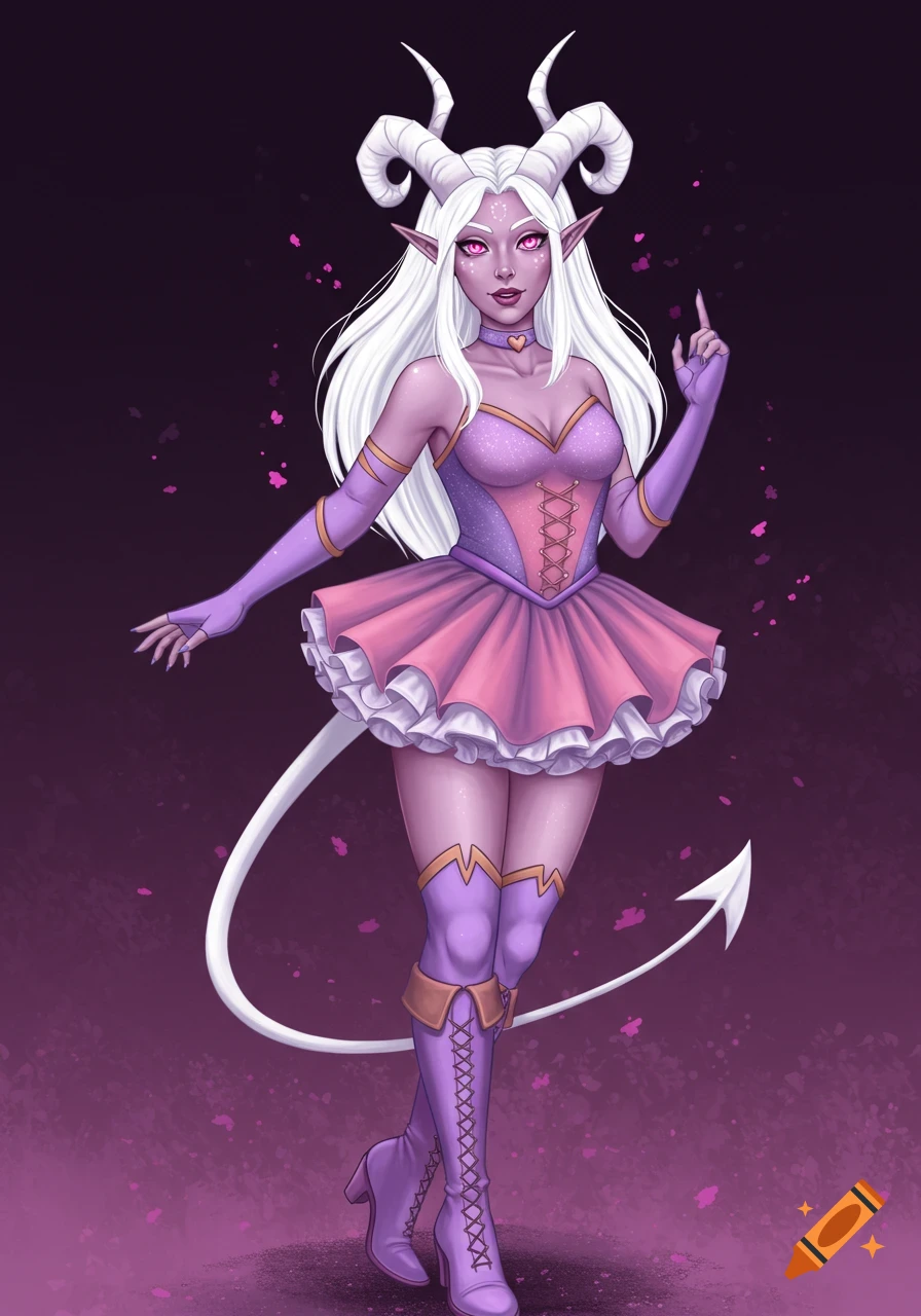 A female tiefling character with white hair, horns, and tail, wearing a pink and purple dress and purple boots.