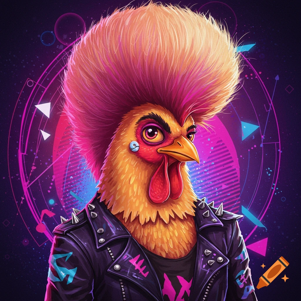 A chicken with a large pink and blonde mohawk wearing a studded leather jacket, against a neon background.
