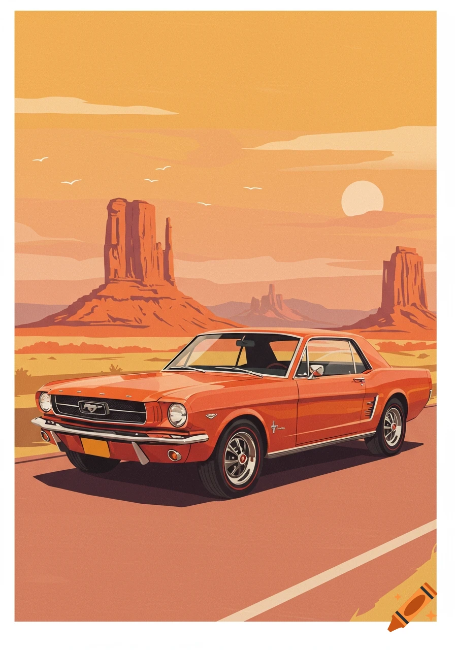 Orange Ford Mustang driving through a desert landscape with buttes at sunset