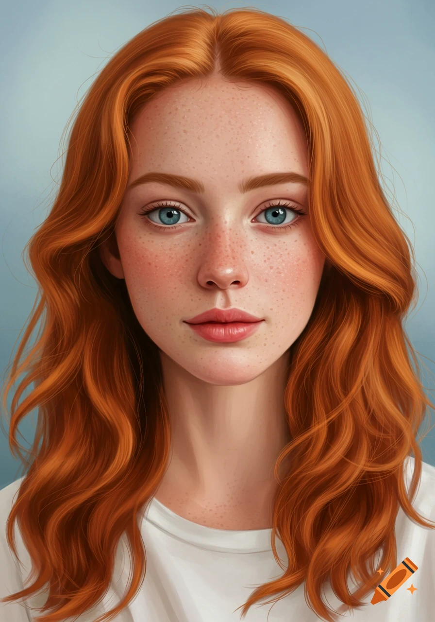 Portrait of a young woman with red hair and freckles.