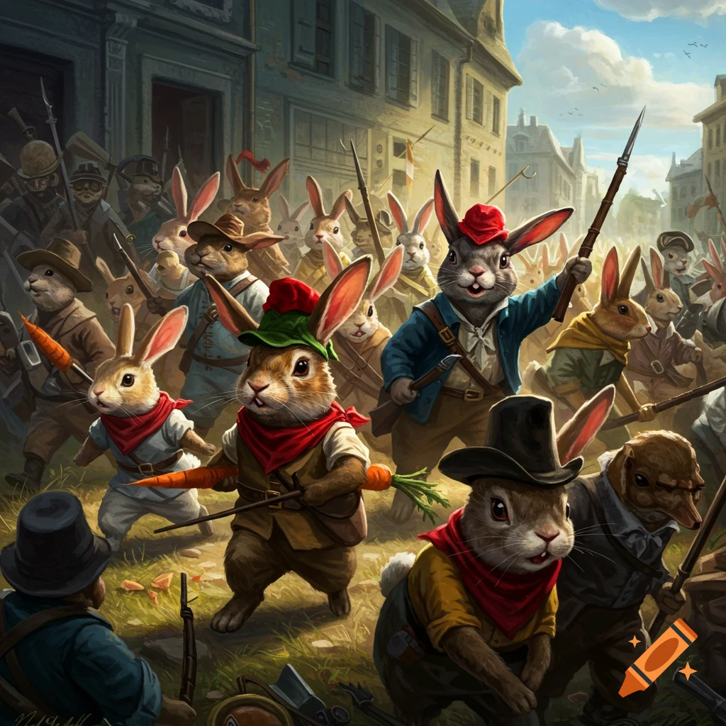 Anthropomorphic rabbits dressed in historical clothes holding spears and carrots, marching in a revolution.
