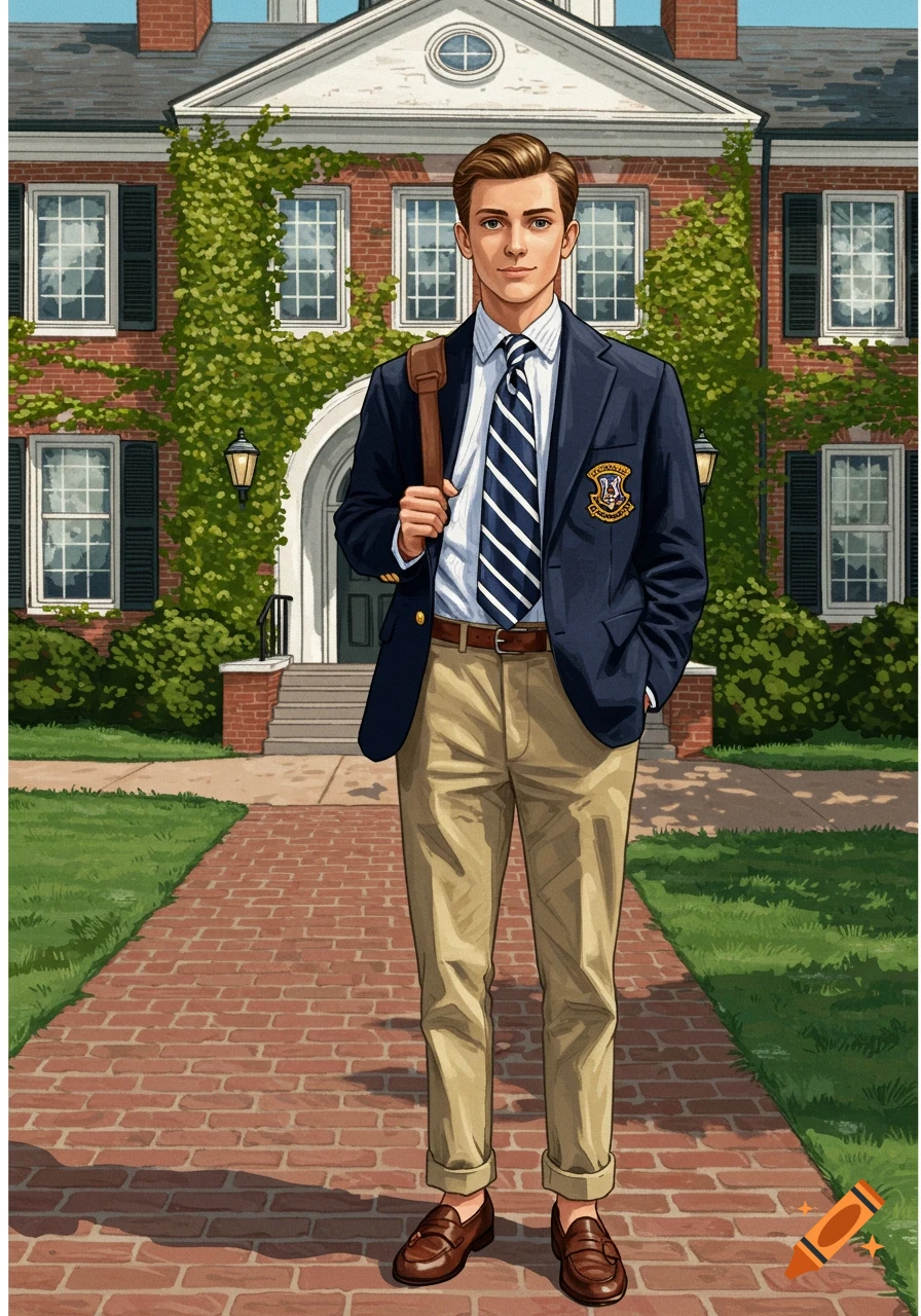 A young man in preppy clothes stands outside a brick school building.