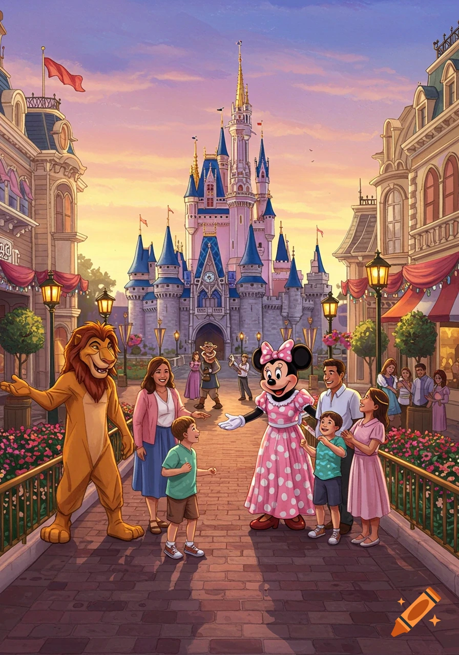 Minnie Mouse and a lion character with families on a theme park street towards a castle.