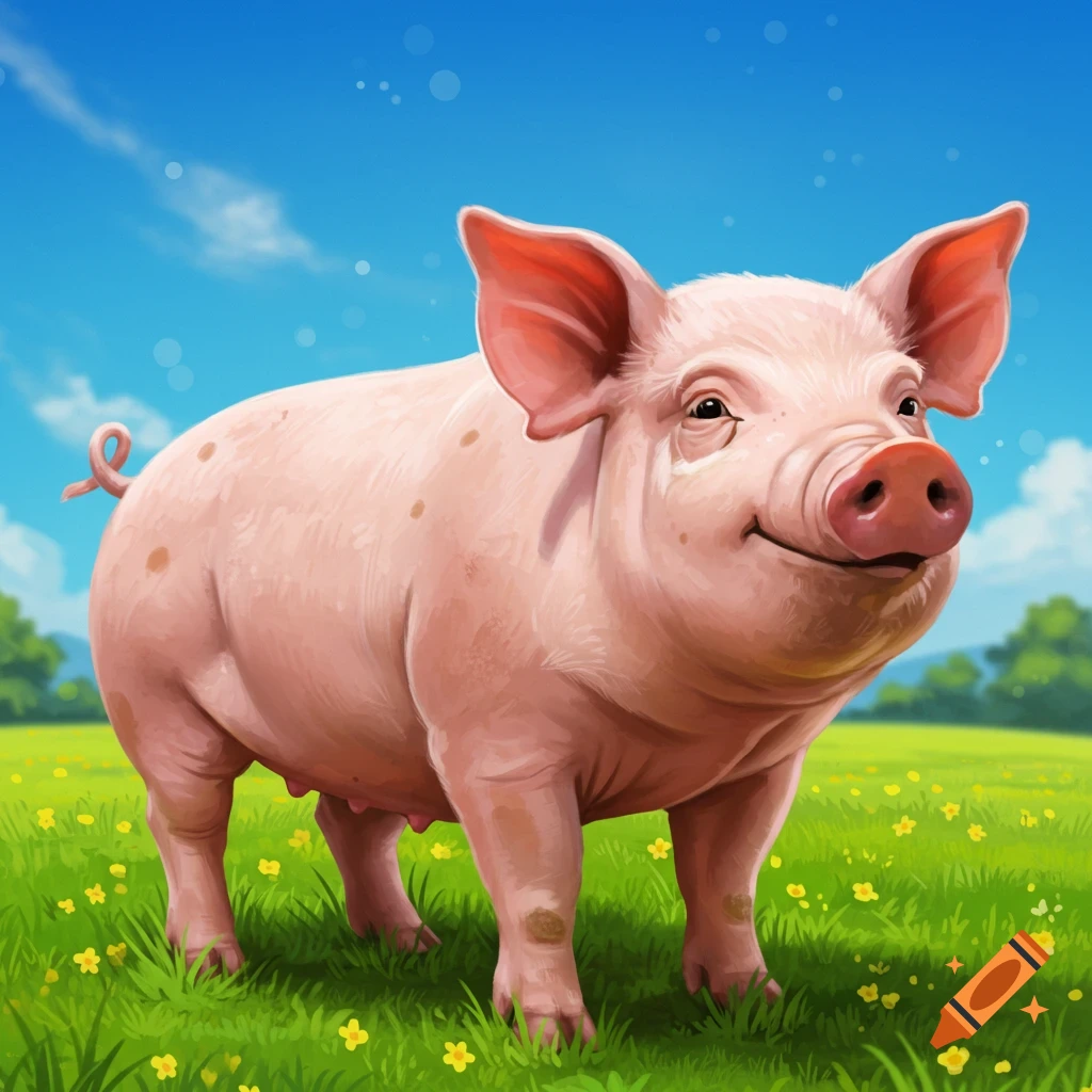 A pink pig standing in a grassy field with flowers under a blue sky.