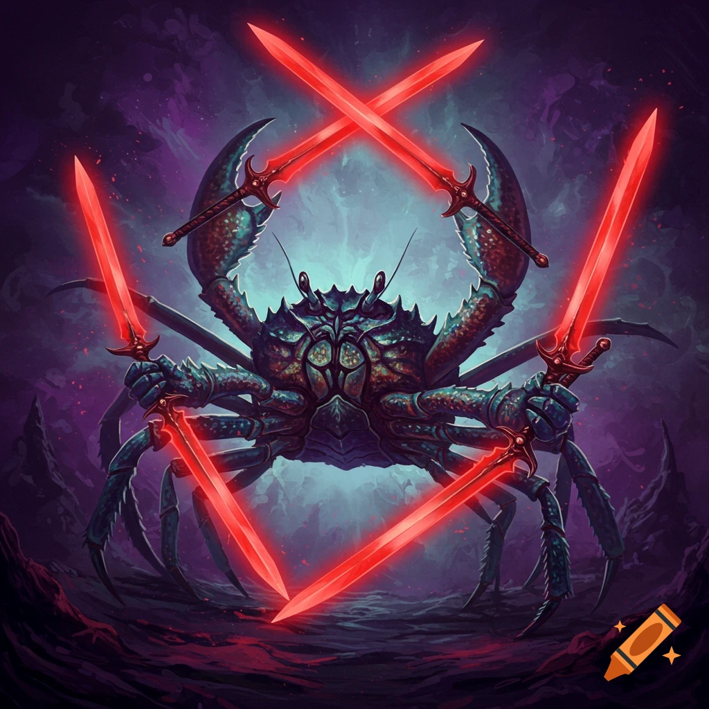 A monstrous crab creature holding multiple glowing red swords in a dark fantasy landscape.