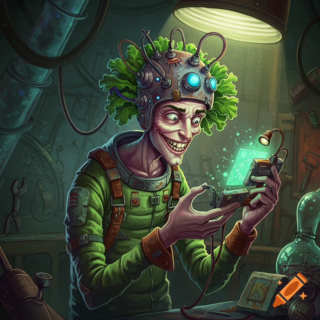 A thin, grinning character with leaf hair and a tech helmet is examining a glowing device in a cluttered workshop.