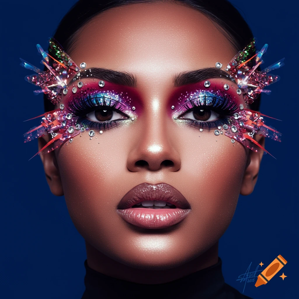 Close-up portrait of a woman with dramatic, bejeweled eye makeup