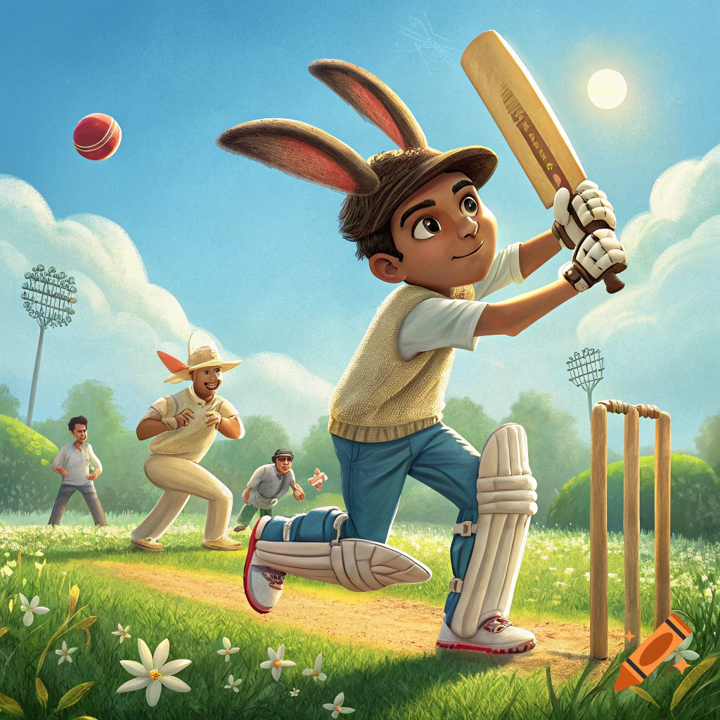 A boy with bunny ears plays cricket in a sunny field.