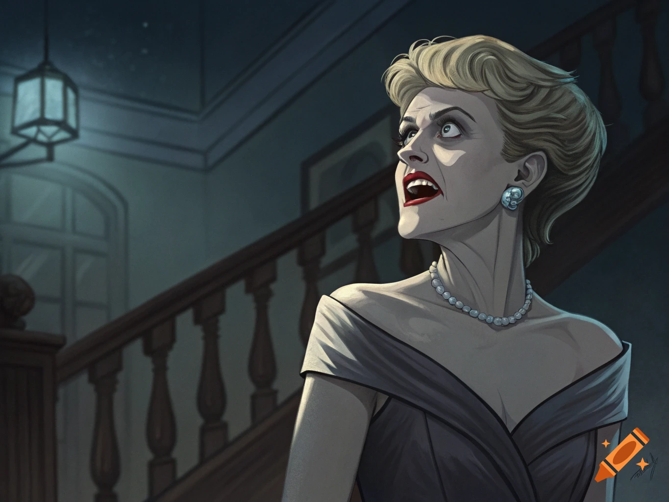 Illustration of a woman in pearls looking startled or scared on a staircase