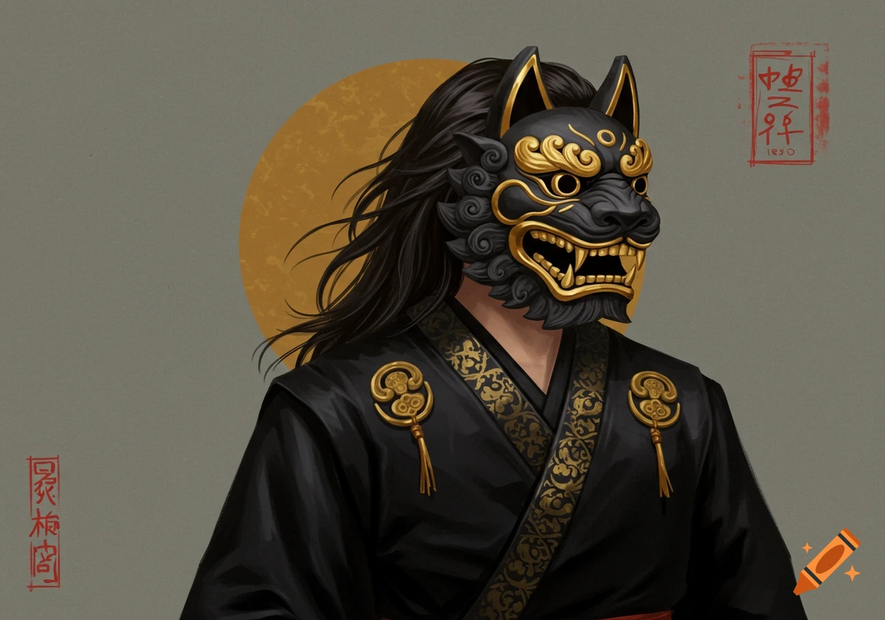 Feudal Japanese warrior in black and gold mask and robe.