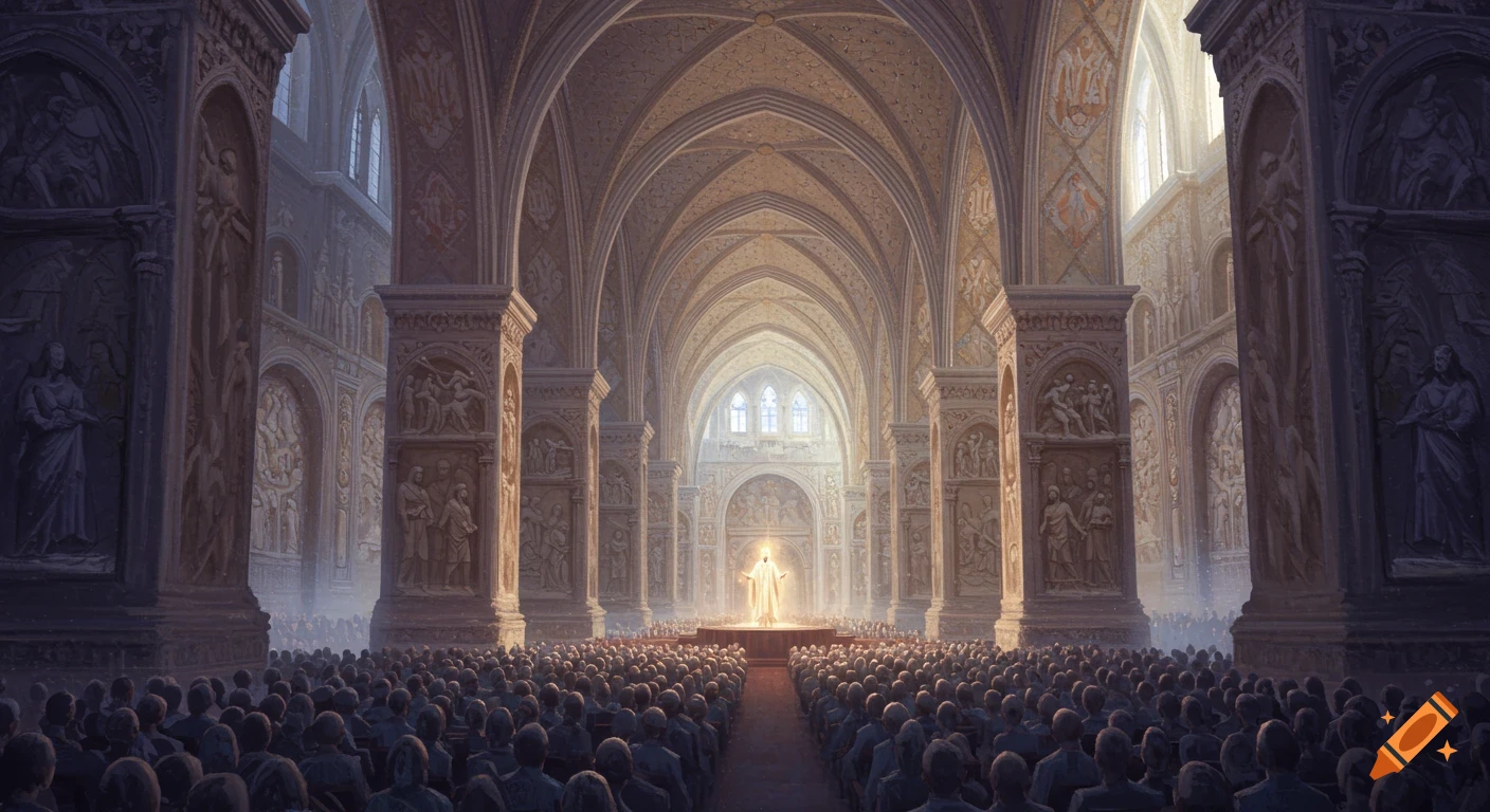 A glowing figure stands on a stage in a grand hall with vaulted ceilings and arches, facing a large crowd.