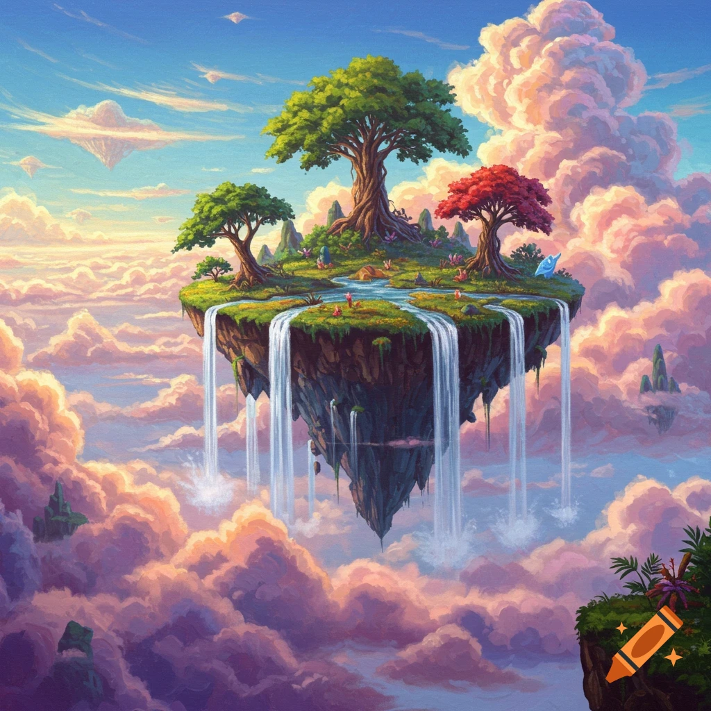 A floating island with trees and waterfalls surrounded by glowing clouds in a fantasy painting style.