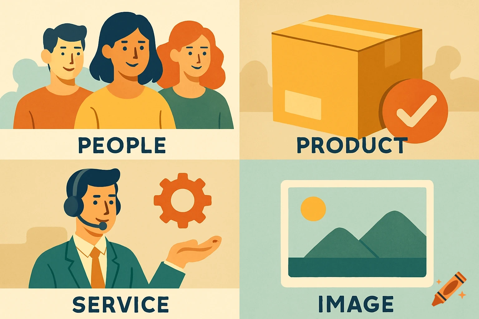 A 2x2 grid illustration representing concepts: People, Product, Service (man with headset and gear), and Image (landscape in frame).