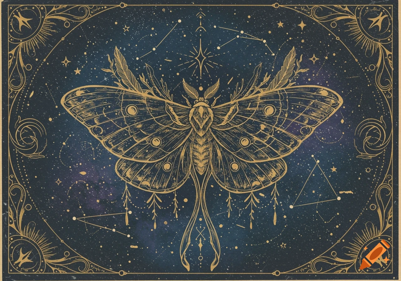 Golden line art of a moth with star map wings against a cosmic sky, vintage illustration style.