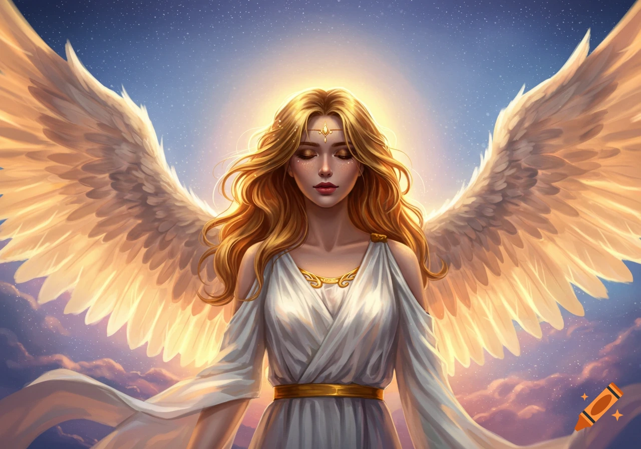 An angel with large wings stands against a starry sky.