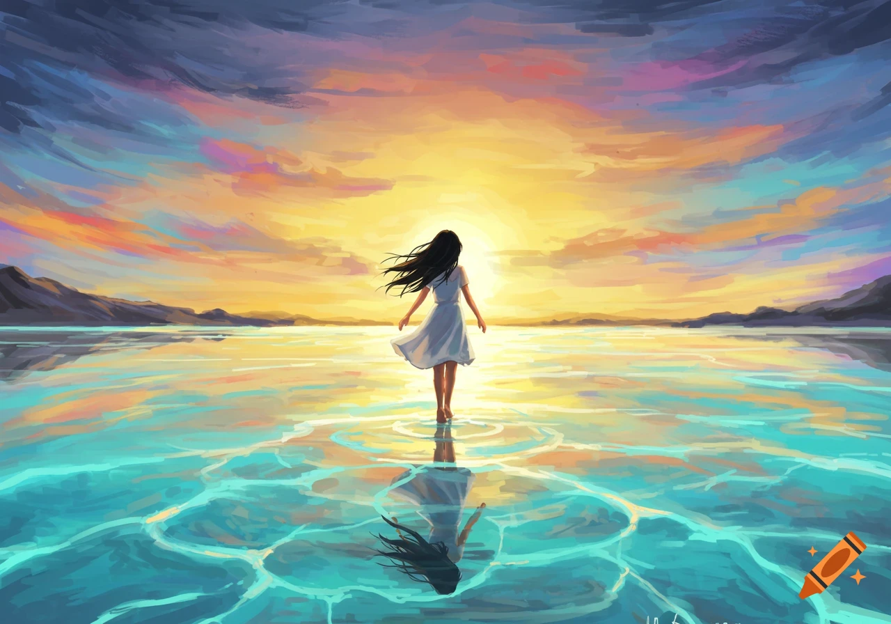 A person in a white dress walking on vibrant, reflective water towards a sunset.