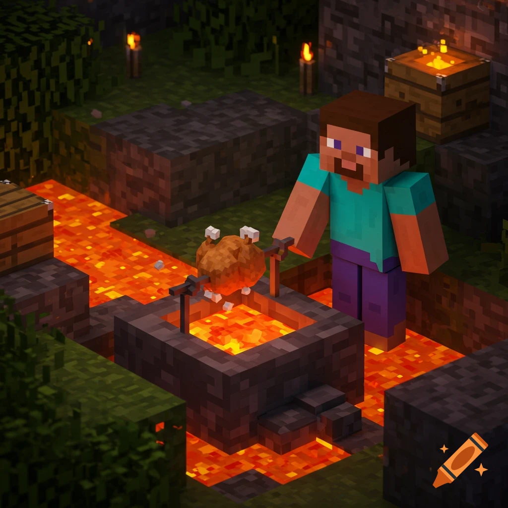 Minecraft character Steve cooking chicken over lava in a blocky cave setting.