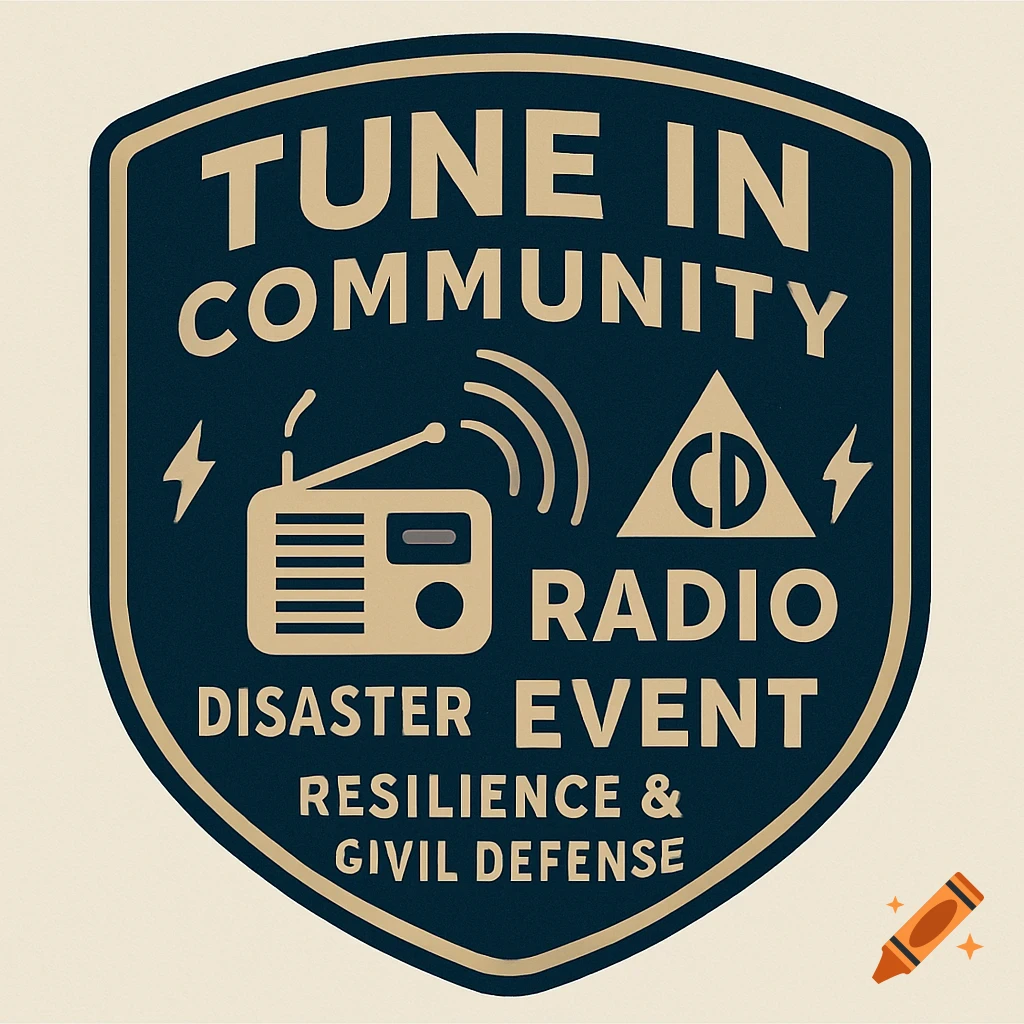 Shield logo for a community radio disaster event, featuring a radio icon, lightning bolts, and text.