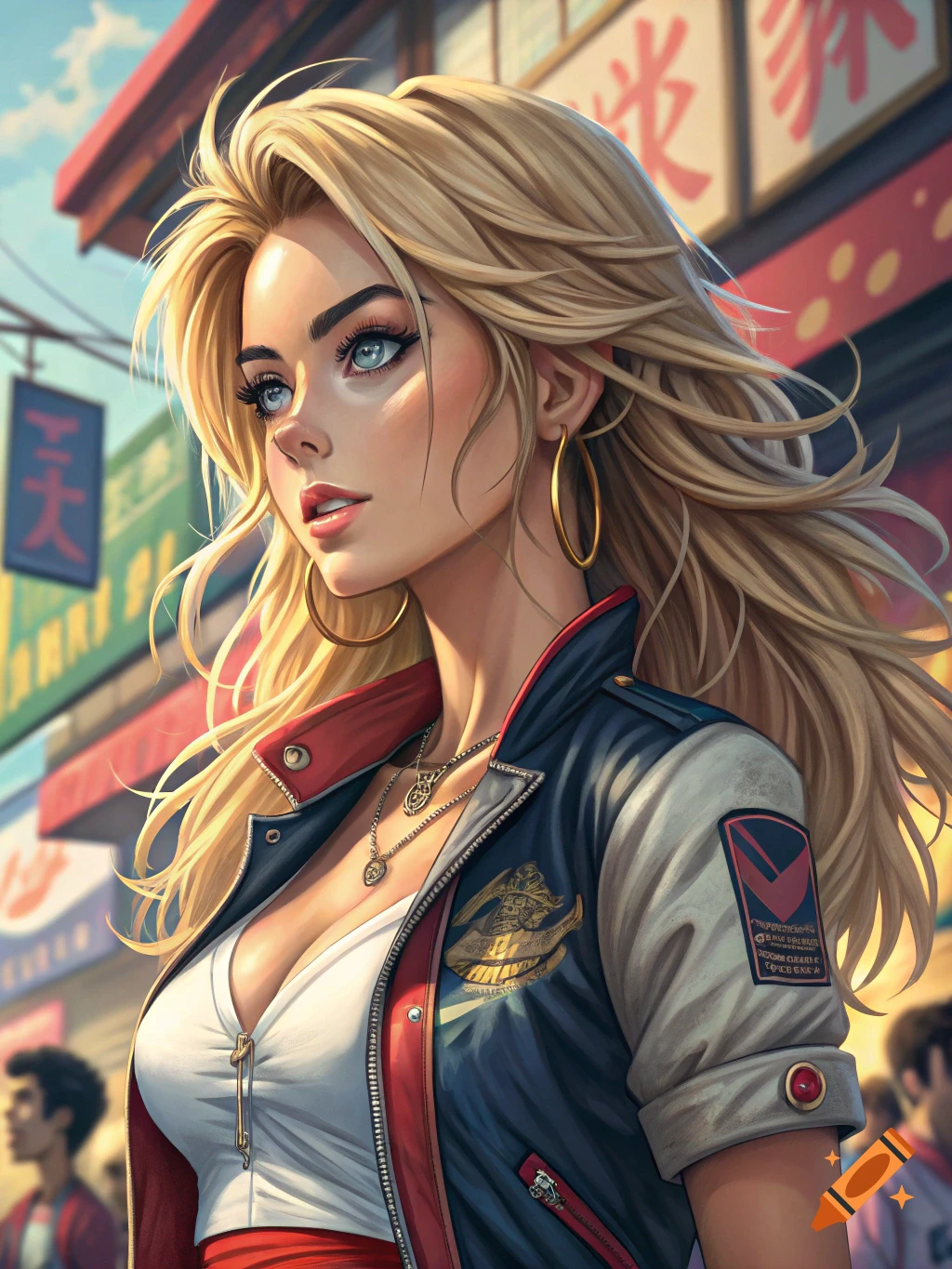 Anime woman with blonde hair and gold hoop earrings wearing a bomber jacket, standing on a street.