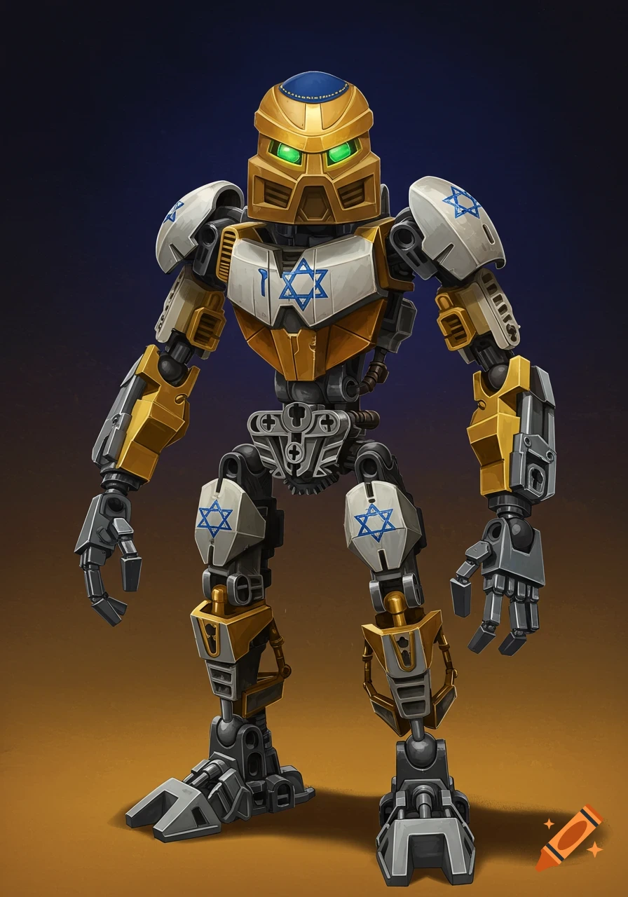 A robot figure in gold, white, and grey, wearing a blue cap and featuring Star of David symbols.