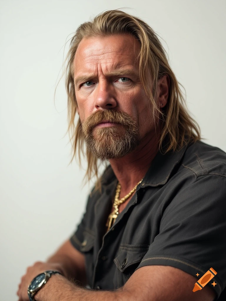 Photorealistic portrait of a man resembling Dog The Bounty Hunter with long hair, a beard, and a gold necklace.