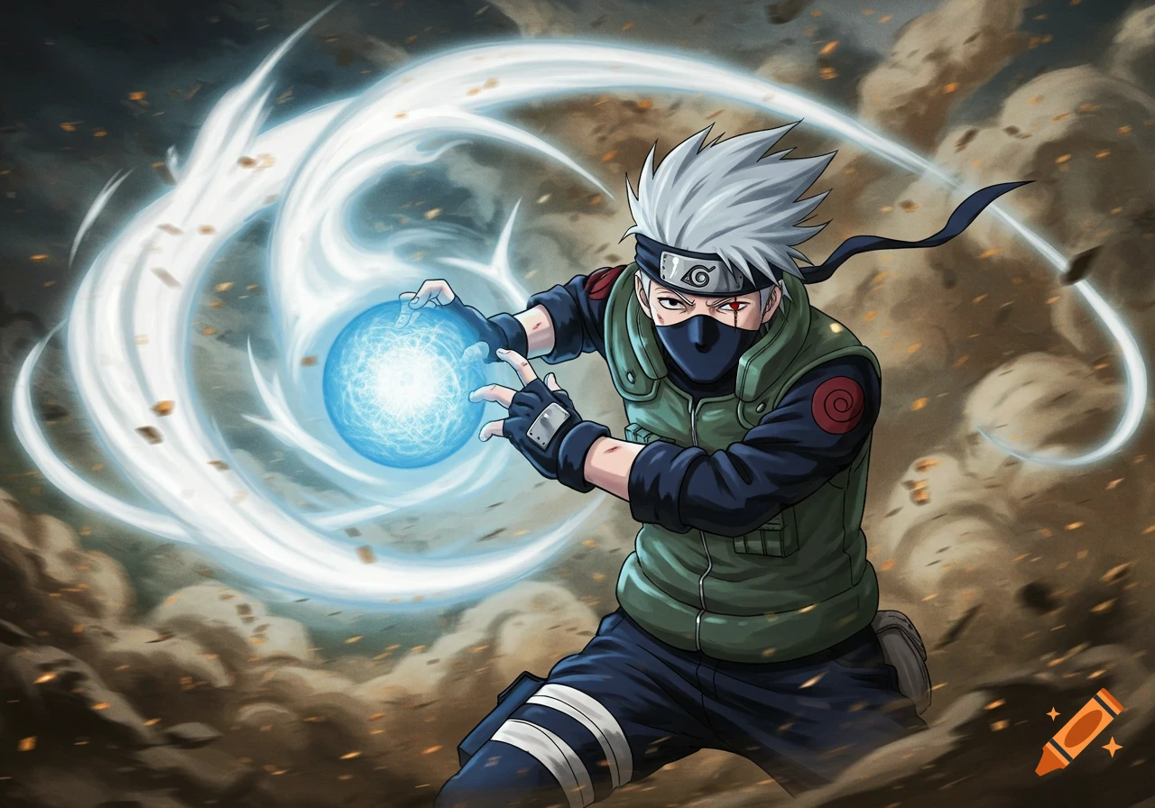 Image of anime character Kakashi Hatake using the Rasengan attack