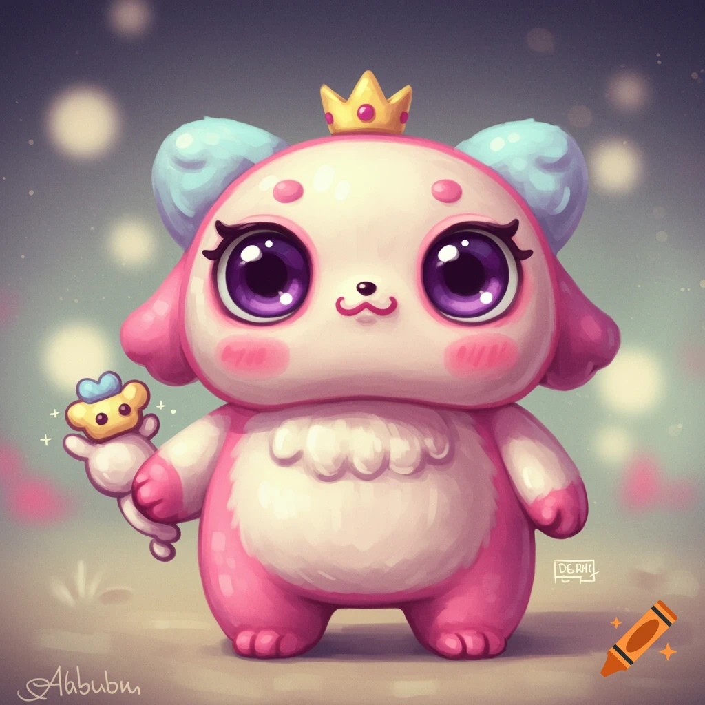 A cute, pink stylized creature with big purple eyes and a crown holds a small yellow toy.
