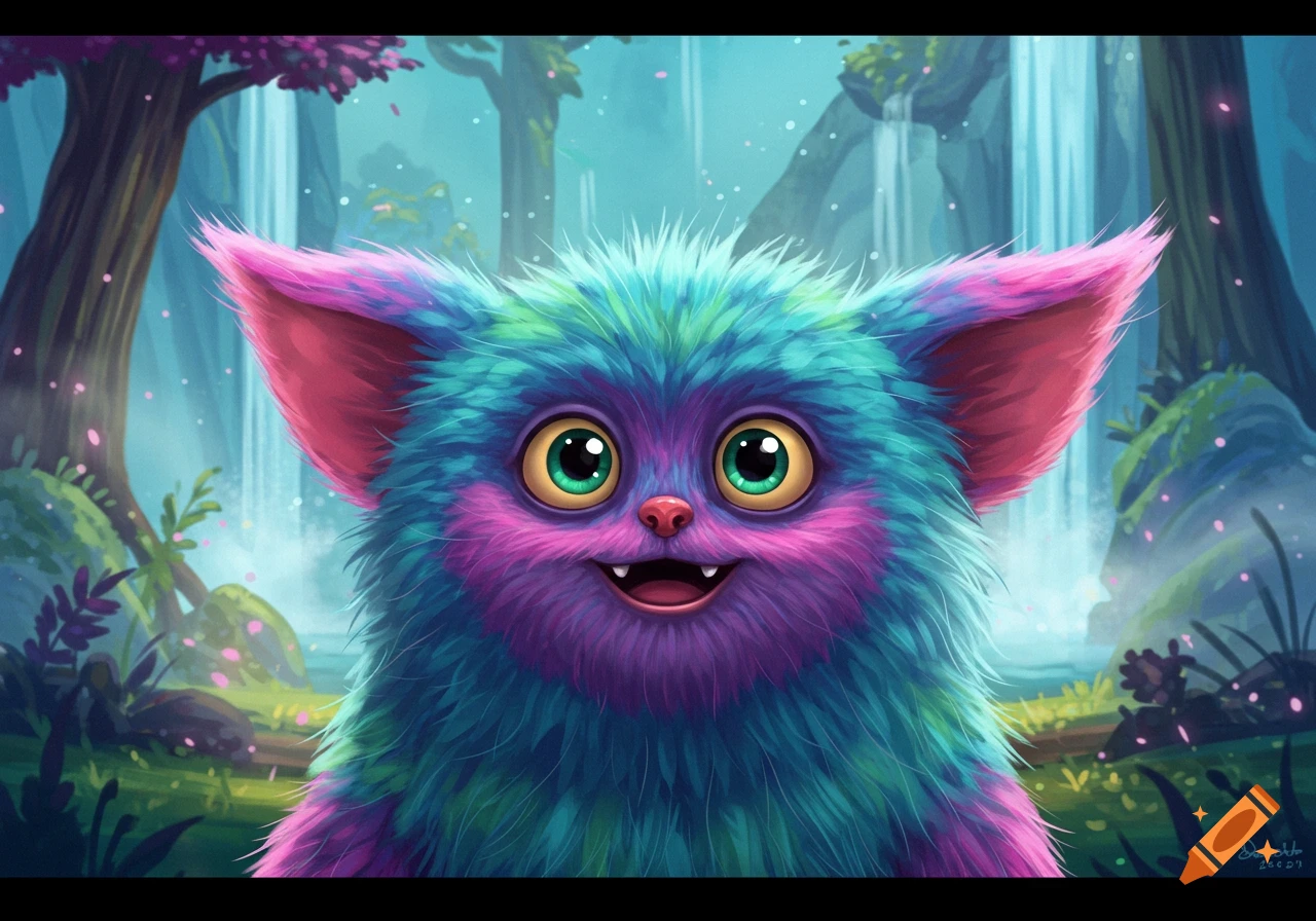 A colorful furry monster with big eyes in a forest with waterfalls.