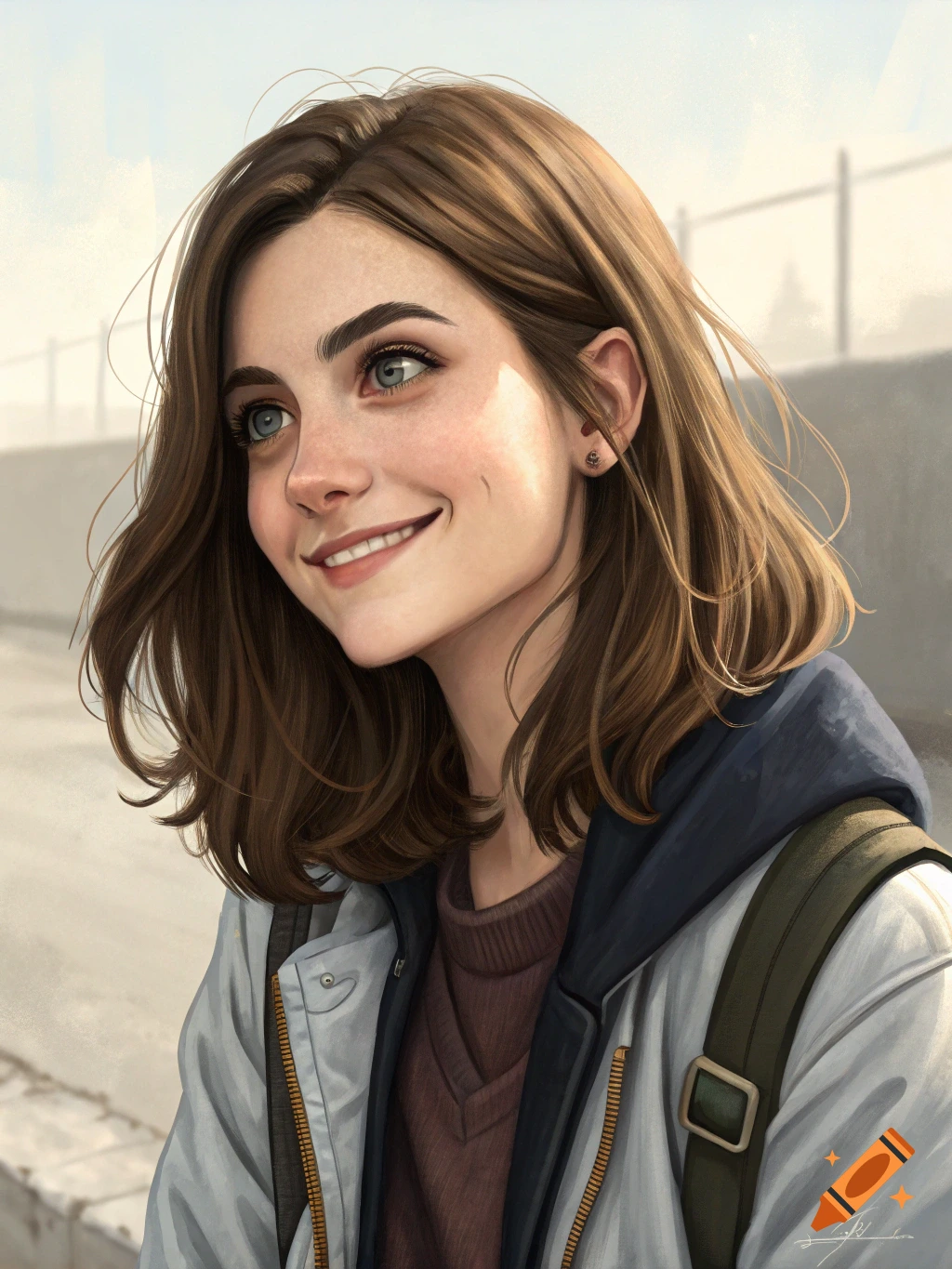 A young woman with brown hair and blue eyes smiles, wearing a jacket and backpack.
