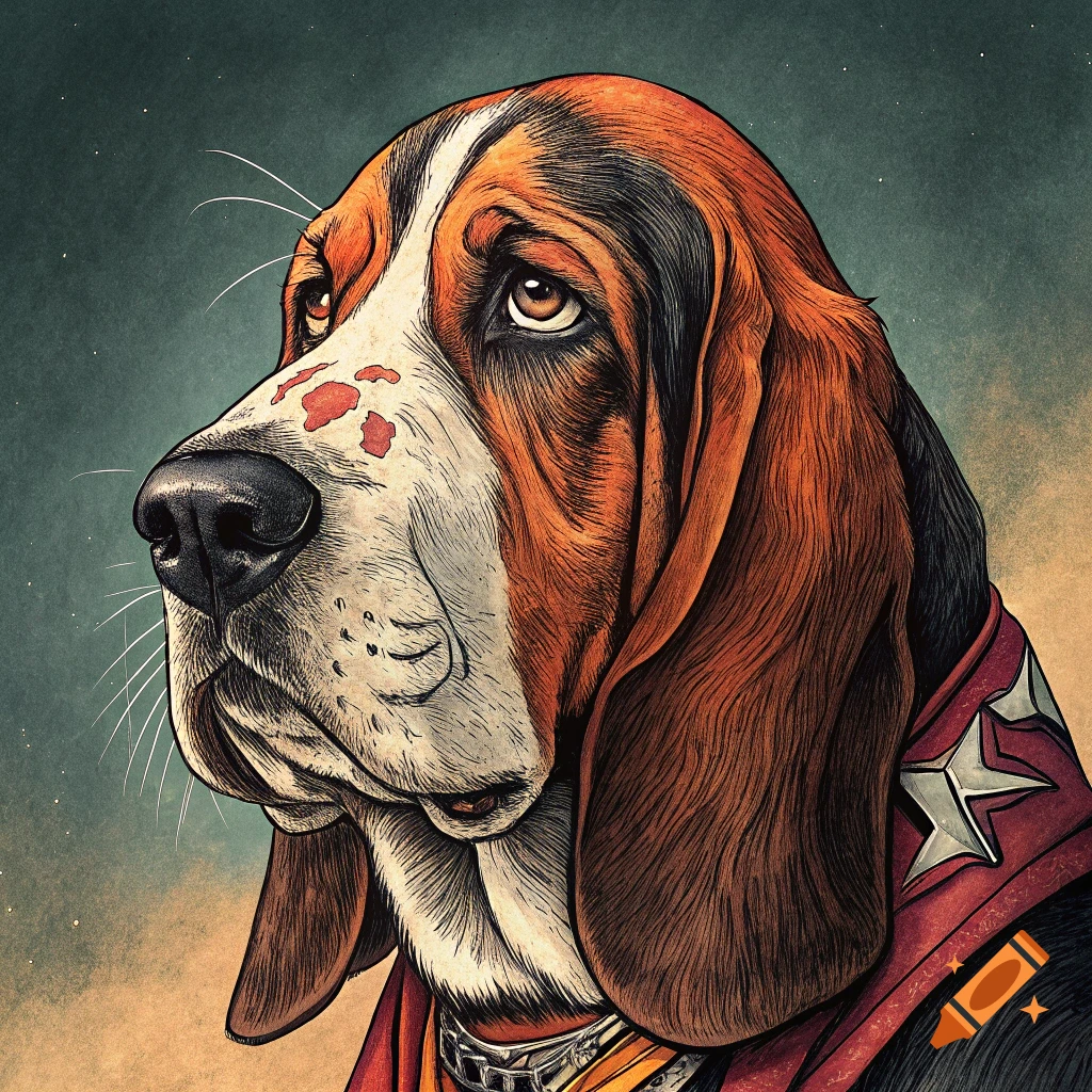 Stylized portrait of a basset hound wearing a costume with a star collar.