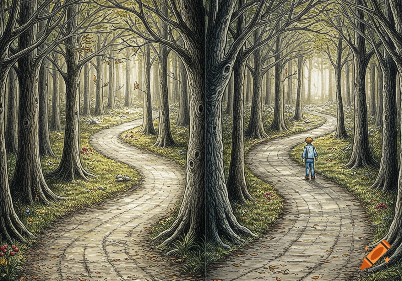 Detailed drawing of two winding paths diverging in a forest with a small figure walking up one.