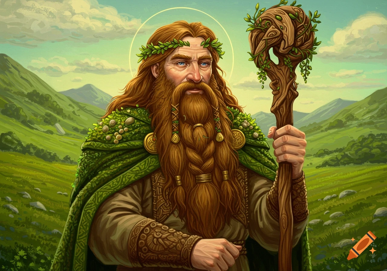 A mythical figure, Dagda, with a long beard, wreath, and staff in a green landscape.